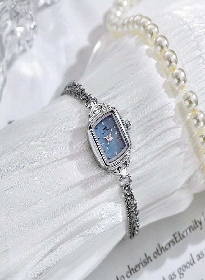FANMIS Women Classic Vintage Bangle-Style Wristwatch Dainty Small Dial Watch Luxury Dress Gold Bracelet Watch Ladies Minimalist Design Square Wrist Watches (Silver Blue) - Image 5